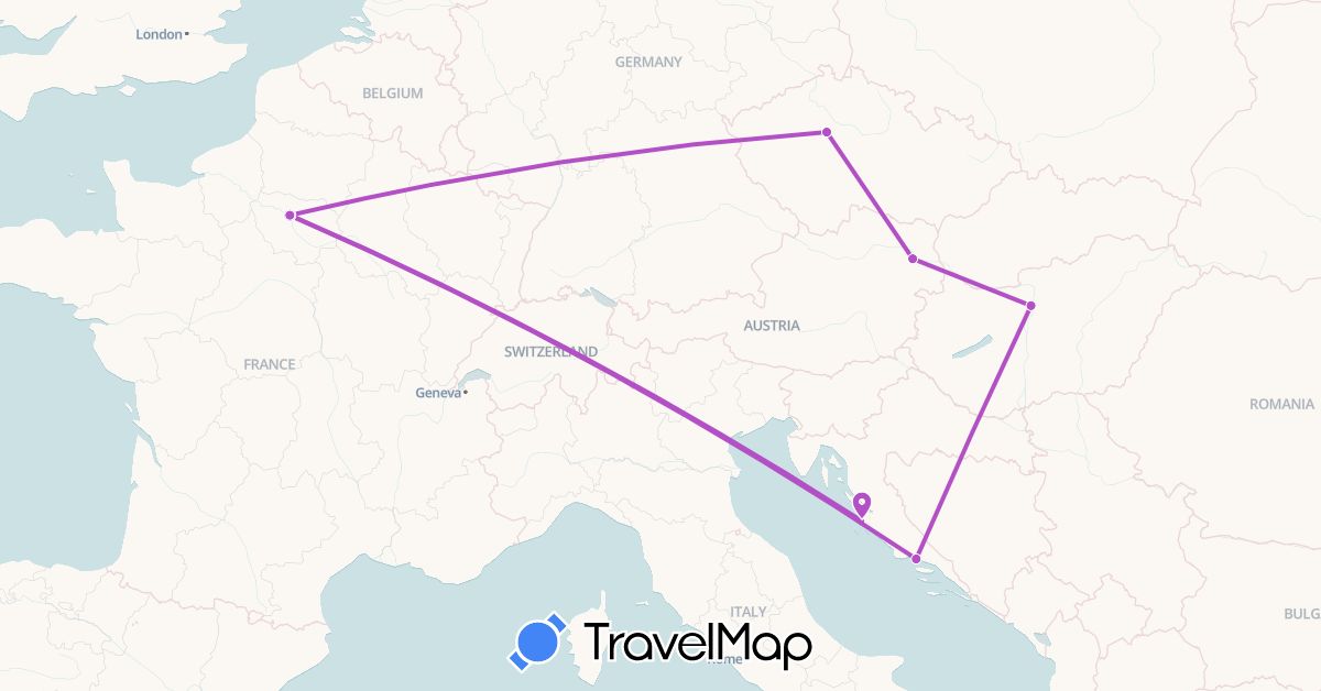 TravelMap itinerary: driving, train in Austria, France, Croatia, Hungary (Europe)